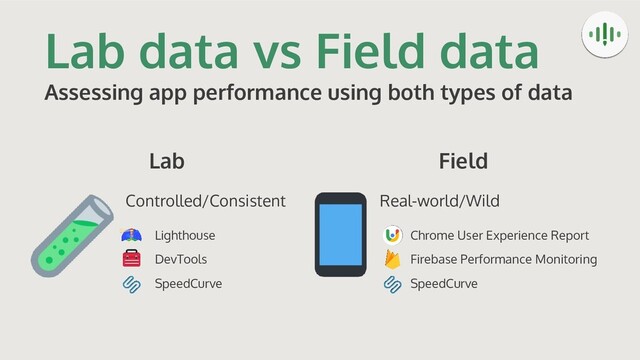 Lab data vs Field data
Assessing app performance using both types of data
Lab
Controlled/Consistent Real-world/Wild
Field
Lighthouse
DevTools
SpeedCurve
Chrome User Experience Report
Firebase Performance Monitoring
SpeedCurve
