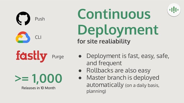Continuous
Deployment
for site realiability
● Deployment is fast, easy, safe,
and frequent
● Rollbacks are also easy
● Master branch is deployed
automatically (on a daily basis,
planning)
>= 1,000
Releases in 10 Month
Push
CLI
Purge
