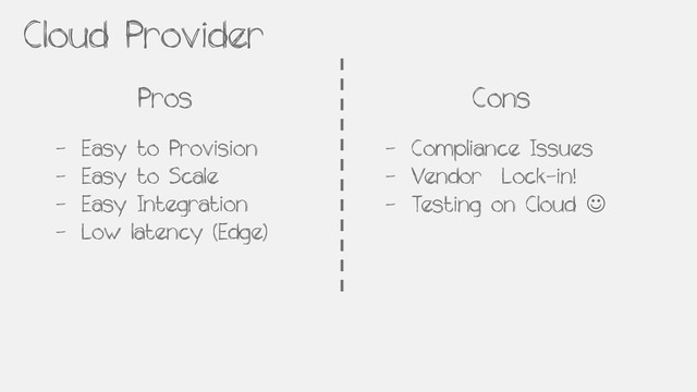 Cloud Provider
Pros Cons
- Easy to Provision
- Easy to Scale
- Easy Integration
- Low latency (Edge)
- Compliance Issues
- Vendor Lock-in!
- Testing on Cloud ☺

