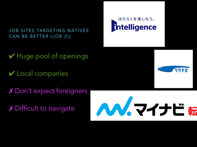 ✔ Huge pool of openings
✔ Local companies
✗ Don’t expect foreigners
✗ Difficult to navigate
J O B S I T E S TA R G E T I N G N A T I V E S
C A N B E B E T T E R ( J O B 2 ! )
