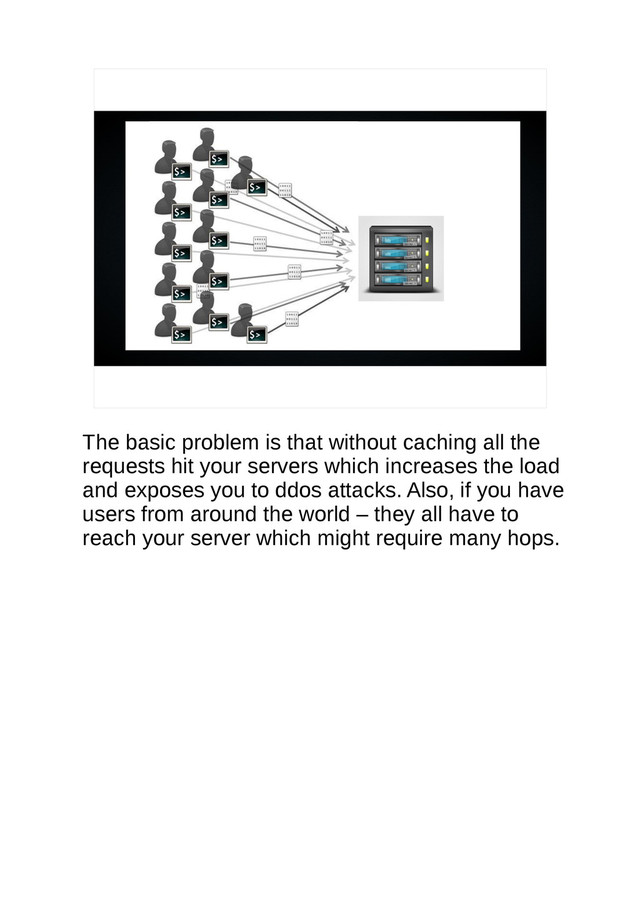 The basic problem is that without caching all the
requests hit your servers which increases the load
and exposes you to ddos attacks. Also, if you have
users from around the world – they all have to
reach your server which might require many hops.
