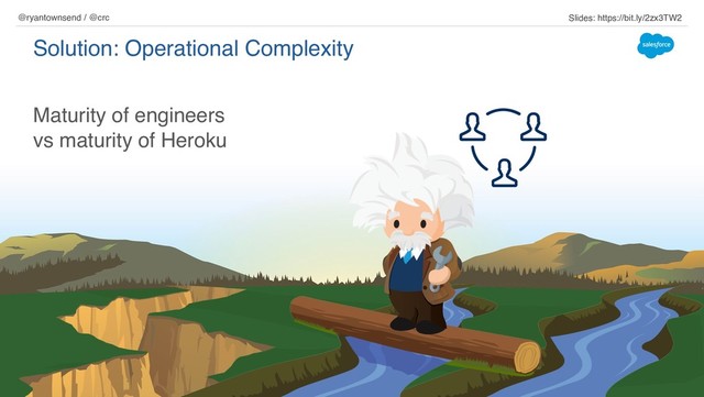 Maturity of engineers
vs maturity of Heroku
Solution: Operational Complexity
@ryantownsend / @crc Slides: https://bit.ly/2zx3TW2
