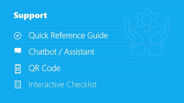 Support
Quick Reference Guide
Chatbot / Assistant
QR Code
Interactive Checklist

