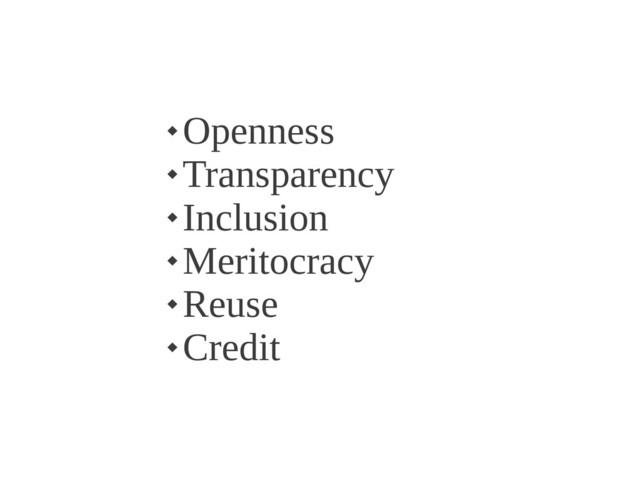 
Openness

Transparency

Inclusion

Meritocracy

Reuse

Credit
