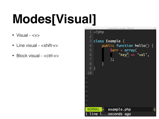 Modes[Visual]
• Visual - 
• Line visual - 
• Block visual - 

