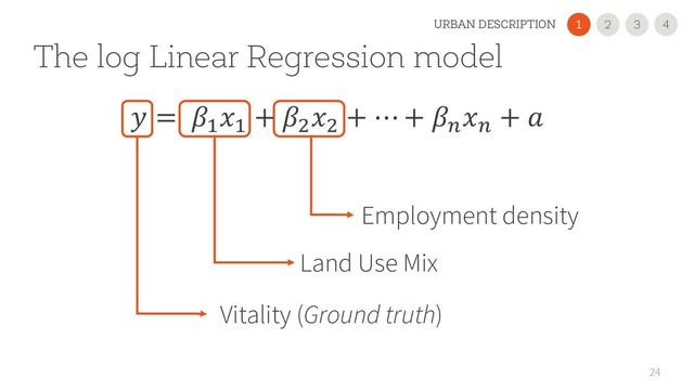 The log Linear Regression model
24
Vitality (Ground truth)
Land Use Mix
Employment density
 = i
i
+ l
l
+ ⋯ + [
[
+ 
2
1 3 4
URBAN DESCRIPTION
