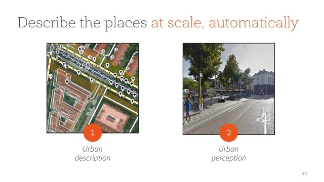 40
Describe the places at scale, automatically
Urban
description
1
Urban
perception
2
