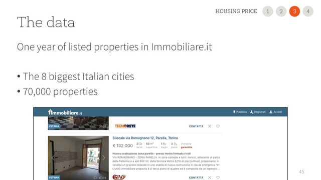 45
The data
One year of listed properties in Immobiliare.it
• The 8 biggest Italian cities
• 70,000 properties
2
1 3
HOUSING PRICE 4
