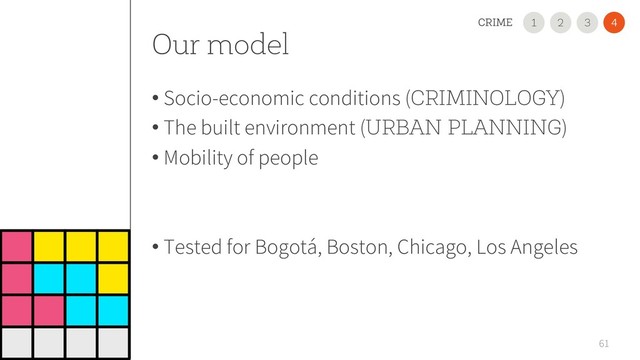 61
2
1 3
CRIME 4
Our model
• Socio-economic conditions (CRIMINOLOGY)
• The built environment (URBAN PLANNING)
• Mobility of people
• Tested for Bogotá, Boston, Chicago, Los Angeles
