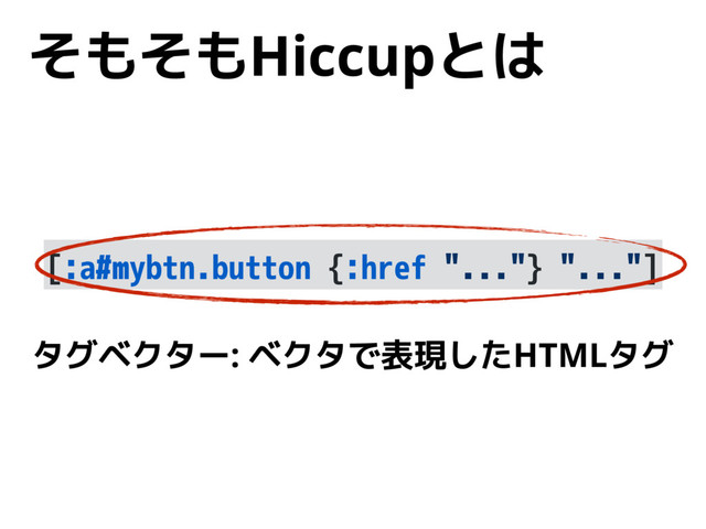 そもそもHiccupとは
[:a#mybtn.button {:href "..."} "..."]
タグベクター: ベクタで表現したHTMLタグ

