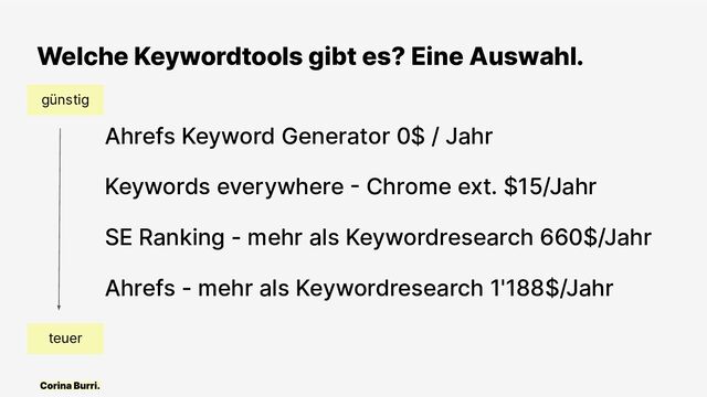 Welche Keywordtools gibt es? Eine Auswahl.
günstig
teuer
Keywords everywhere - Chrome ext. $15/Jahr
SE Ranking - mehr als Keywordresearch 660$/Jahr
Ahrefs - mehr als Keywordresearch 1'188$/Jahr
Ahrefs Keyword Generator 0$ / Jahr
