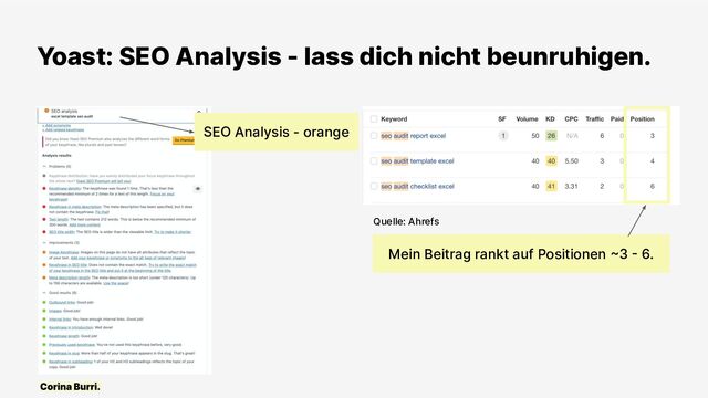Yoast: SEO Analysis - lass dich nicht beunruhigen.
SEO Analysis - orange
Mein Beitrag rankt auf Positionen ~3 - 6.
Quelle: Ahrefs
