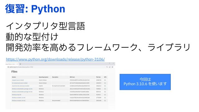 ෮श1ZUIPO
ΠϯλϓϦλܕݴޠ
ಈతͳܕ෇͚
։ൃޮ཰ΛߴΊΔϑϨʔϜϫʔΫɺϥΠϒϥϦ
https://www.python.org/downloads/release/python-3106/
今回は
Python 3.10.6 を使います
