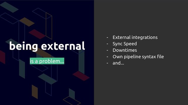 being external
is a problem...
- External integrations
- Sync Speed
- Downtimes
- Own pipeline syntax ﬁle
- and...
