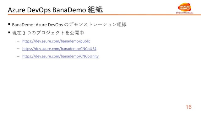 Azure DevOps BanaDemo 組織
§ BanaDemo: Azure DevOps のデモンストレーション組織
§ 現在 3 つのプロジェクトを公開中
- https://dev.azure.com/banademo/public
- https://dev.azure.com/banademo/CNCoUE4
- https://dev.azure.com/banademo/CNCoUnity
