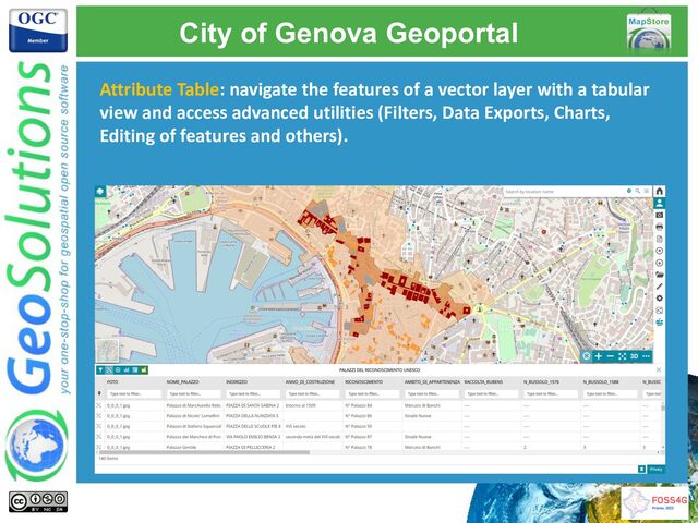 Attribute Table: navigate the features of a vector layer with a tabular
view and access advanced utilities (Filters, Data Exports, Charts,
Editing of features and others).
City of Genova Geoportal
