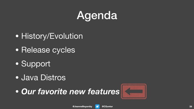 @CGuntur
@JeanneBoyarsky
Agenda
• History/Evolution

• Release cycles

• Support

• Java Distros

• Our favorite new features
39
