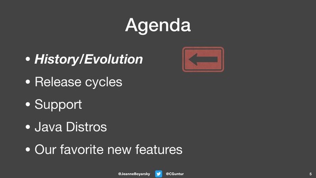 @CGuntur
@JeanneBoyarsky
Agenda
• History/Evolution

• Release cycles

• Support

• Java Distros

• Our favorite new features
5
