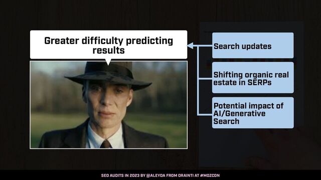 SEO AUDITS IN 2023 BY @ALEYDA FROM ORAINTI AT #MOZCON
Greater difficulty predicting
results Search updates
Shifting organic real
estate in SERPs
Potential impact of
AI/Generative
Search
