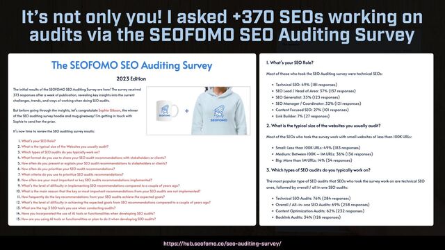 SEO AUDITS IN 2023 BY @ALEYDA FROM ORAINTI AT #MOZCON
It’s not only you! I asked +370 SEOs working on
audits via the SEOFOMO SEO Auditing Survey
https://hub.seofomo.co/seo-auditing-survey/
