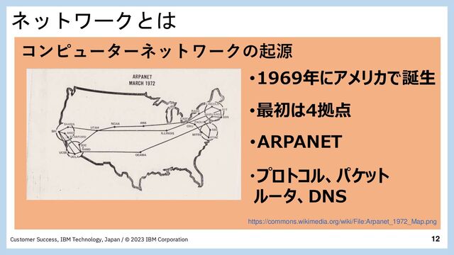 12
Customer Success, IBM Technology, Japan / © 2023 IBM Corporation
ネットワークとは
コンピューターネットワークの起源
https://commons.wikimedia.org/wiki/File:Arpanet_1972_Map.png
･ARPANET
･最初は4拠点
・プロトコル、パケット
ルータ、DNS
･1969年にアメリカで誕生

