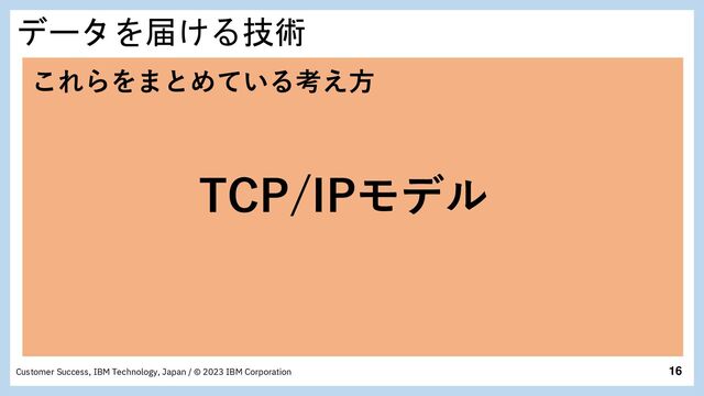16
Customer Success, IBM Technology, Japan / © 2023 IBM Corporation
データを届ける技術
これらをまとめている考え方
TCP/IPモデル
