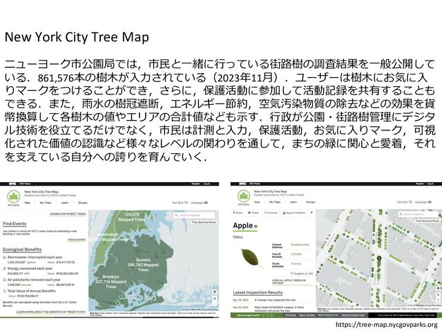 New York City Tree Map
ニューヨーク市公園局では，市民と一緒に行っている街路樹の調査結果を一般公開して
いる．861,576本の樹木が入力されている（2023年11月）．ユーザーは樹木にお気に入
りマークをつけることができ，さらに，保護活動に参加して活動記録を共有することも
できる．また，雨水の樹冠遮断，エネルギー節約，空気汚染物質の除去などの効果を貨
幣換算して各樹木の値やエリアの合計値なども示す．行政が公園・街路樹管理にデジタ
ル技術を役立てるだけでなく，市民は計測と入力，保護活動，お気に入りマーク，可視
化された価値の認識など様々なレベルの関わりを通して，まちの緑に関心と愛着，それ
を支えている自分への誇りを育んでいく．
https://tree-map.nycgovparks.org

