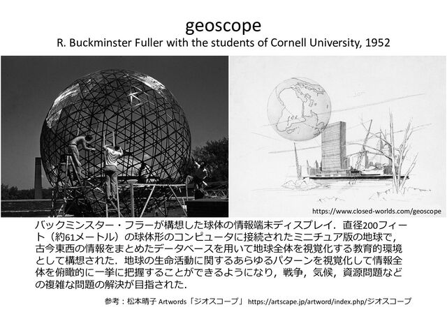 geoscope
R. Buckminster Fuller with the students of Cornell University, 1952
バックミンスター・フラーが構想した球体の情報端末ディスプレイ．直径200フィー
ト（約61メートル）の球体形のコンピュータに接続されたミニチュア版の地球で，
古今東西の情報をまとめたデータベースを用いて地球全体を視覚化する教育的環境
として構想された．地球の生命活動に関するあらゆるパターンを視覚化して情報全
体を俯瞰的に一挙に把握することができるようになり，戦争，気候，資源問題など
の複雑な問題の解決が目指された．
参考：松本晴子 Artwords「ジオスコープ」 https://artscape.jp/artword/index.php/ジオスコープ
https://www.closed-worlds.com/geoscope
