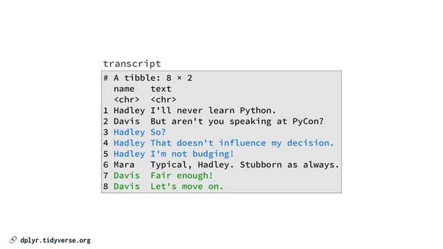 🔗 dplyr.tidyverse.org
# A tibble: 8 × 2


name text


 


1 Hadley I'll never learn Python.


2 Davis But aren't you speaking at PyCon?


3 Hadley So?


4 Hadley That doesn't influence my decision.


5 Hadley I'm not budging!


6 Mara Typical, Hadley. Stubborn as always.


7 Davis Fair enough!


8 Davis Let's move on.
transcript
