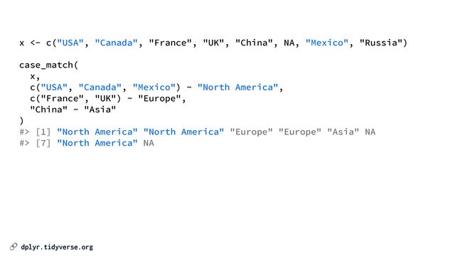 🔗 dplyr.tidyverse.org
x <- c("USA", "Canada", "France", "UK", "China", NA, "Mexico", "Russia")


case_match(


x,


c("USA", "Canada", "Mexico") ~ "North America",


c("France", "UK") ~ "Europe",


"China" ~ "Asia"


)


#> [1] "North America" "North America" "Europe" "Europe" "Asia" NA


#> [7] "North America" NA
