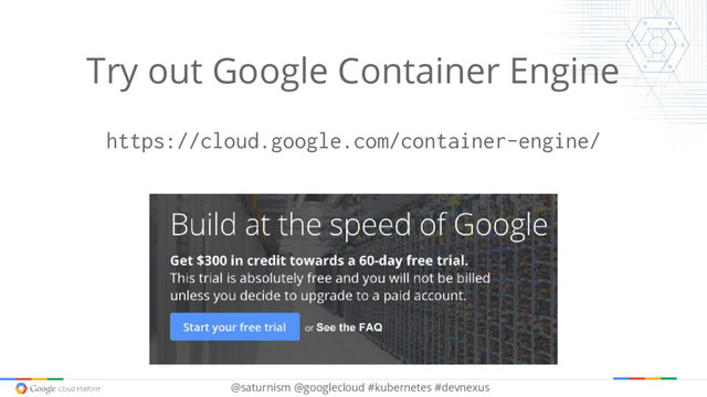 @saturnism @googlecloud #kubernetes #devnexus
Try out Google Container Engine
https://cloud.google.com/container-engine/

