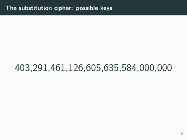 The substitution cipher: possible keys
403,291,461,126,605,635,584,000,000
5
