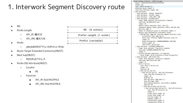 1. Interwork Segment Discovery route
● RD
● Preﬁx Length
○ AFI_IP: 最大32
○ AFI_IP6: 最大128
● Preﬁx
○ gNodeBのN3アドレス(IPv4 or IPv6)
● Route Target Extended Community(MUST)
● Next hop(MUST)
○ PEのIPv6アドレス
● Preﬁx-SID Attribute(MUST)
○ Locator
■ PE
○ Function
■ AFI_IP: End.M.GTP4.E
■ AFI_IP6: End.M.GTP6.E
+-----------------------------------+
| RD (8 octets) |
+-----------------------------------+
| Prefix Length (1 octet) |
+-----------------------------------+
| Prefix (variable) |
+-----------------------------------+
