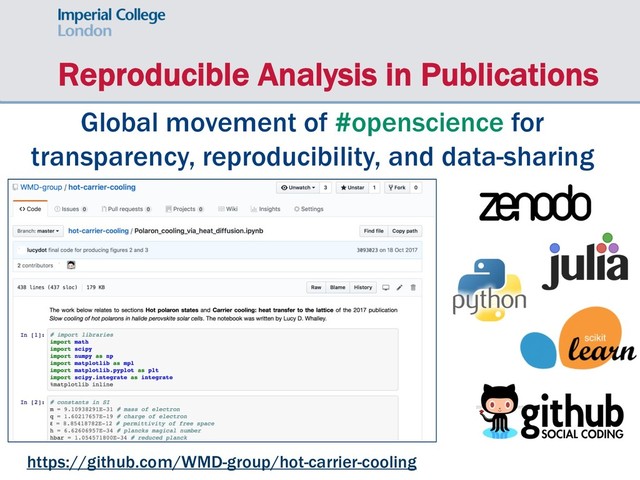 Reproducible Analysis in Publications
https://github.com/WMD-group/hot-carrier-cooling
Global movement of #openscience for
transparency, reproducibility, and data-sharing
