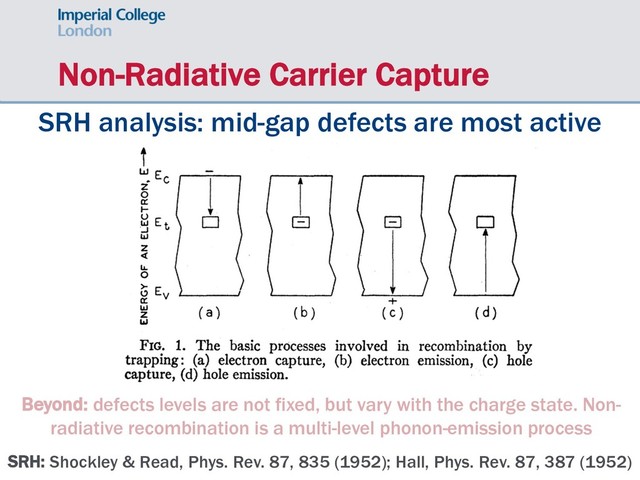 SRH: Shockley & Read, Phys. Rev. 87, 835 (1952); Hall, Phys. Rev. 87, 387 (1952)
Non-Radiative Carrier Capture
SRH analysis: mid-gap defects are most active
Beyond: defects levels are not fixed, but vary with the charge state. Non-
radiative recombination is a multi-level phonon-emission process
