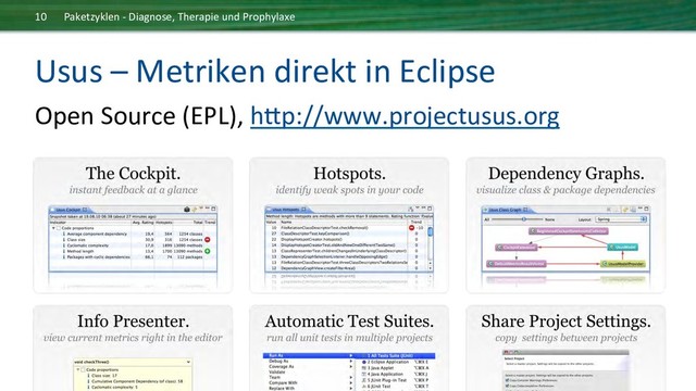 ©	  2014	  andrena	  objects	  ag	  	  
Usus	  –	  Metriken	  direkt	  in	  Eclipse	  
Open	  Source	  (EPL),	  hcp://www.projectusus.org	  	  
Paketzyklen	  -­‐	  Diagnose,	  Therapie	  und	  Prophylaxe	  
10	  
