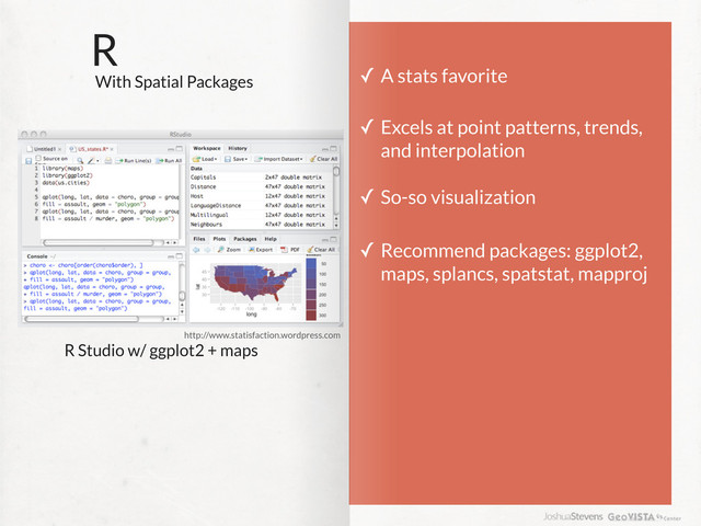 R
With Spatial Packages
✓ A stats favorite
✓ Excels at point patterns, trends,
and interpolation
✓ So-so visualization
✓ Recommend packages: ggplot2,
maps, splancs, spatstat, mapproj
R Studio w/ ggplot2 + maps
http://www.statisfaction.wordpress.com
