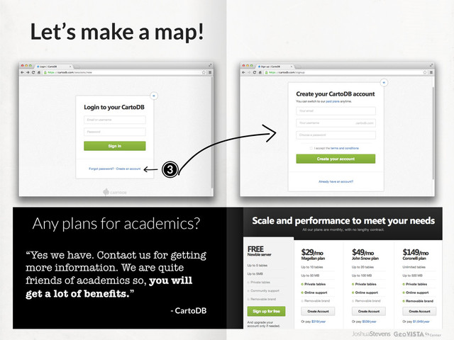 Let’s make a map!
3
Any plans for academics?
“Yes we have. Contact us for getting
more information. We are quite
friends of academics so, you will
get a lot of beneﬁts.”
- CartoDB
