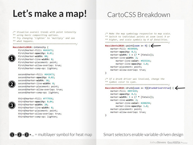 Let’s make a map!
1
2
3
CartoCSS Breakdown
1 2 3
+ + +... = multilayer symbol for heat map Smart selectors enable variable-driven design
