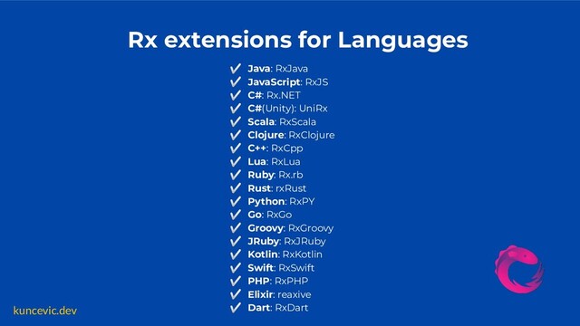 kuncevic.dev
Rx extensions for Languages
✅ Java: RxJava
✅ JavaScript: RxJS
✅ C#: Rx.NET
✅ C#(Unity): UniRx
✅ Scala: RxScala
✅ Clojure: RxClojure
✅ C++: RxCpp
✅ Lua: RxLua
✅ Ruby: Rx.rb
✅ Rust: rxRust
✅ Python: RxPY
✅ Go: RxGo
✅ Groovy: RxGroovy
✅ JRuby: RxJRuby
✅ Kotlin: RxKotlin
✅ Swift: RxSwift
✅ PHP: RxPHP
✅ Elixir: reaxive
✅ Dart: RxDart
