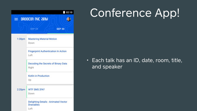 Conference App!
• Each talk has an ID, date, room, title,
and speaker
