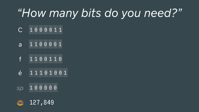 1 0 0 0 0 0
1 1 1 0 1 0 0 1
1 0 0 0 0 1 1
C
“How many bits do you need?”
1 1 0 0 0 0 1
a
1 1 0 0 1 1 0
f
é
sp
127,849

