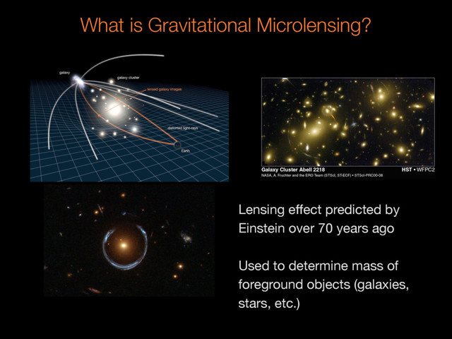 What is Gravitational Microlensing?
Lensing eﬀect predicted by
Einstein over 70 years ago

Used to determine mass of
foreground objects (galaxies,
stars, etc.)

