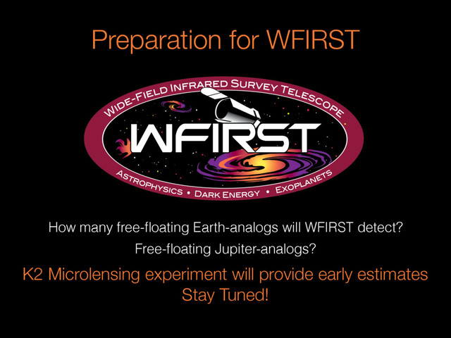Preparation for WFIRST
How many free-ﬂoating Earth-analogs will WFIRST detect?
Free-ﬂoating Jupiter-analogs?
K2 Microlensing experiment will provide early estimates
Stay Tuned!

