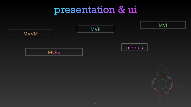 presentation & ui
17
MVP
MVI
MVVM
MvRx
mobius
