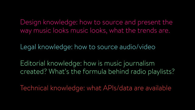 Design knowledge: how to source and present the
way music looks music looks, what the trends are.
!
Legal knowledge: how to source audio/video
!
Editorial knowledge: how is music journalism
created? What’s the formula behind radio playlists?
!
Technical knowledge: what APIs/data are available

