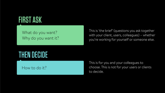 What do you want?
Why do you want it?
FIRST ASK
This is ‘the brief’ (questions you ask together
with your client, users, colleagues) – whether
you’re working for yourself or someone else.
How to do it?
THEN DECIDE
This is for you and your colleagues to
choose. This is not for your users or clients
to decide.
