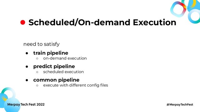 Scheduled/On-demand Execution
need to satisfy
● train pipeline
○ on-demand execution
● predict pipeline
○ scheduled execution
● common pipeline
○ execute with different conﬁg ﬁles

