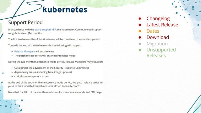 kubernetes
● Changelog
● Latest Release
● Dates
● Download
● Migration
● Unsupported
Releases
