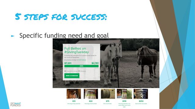5 steps for success:
► Specific funding need and goal

